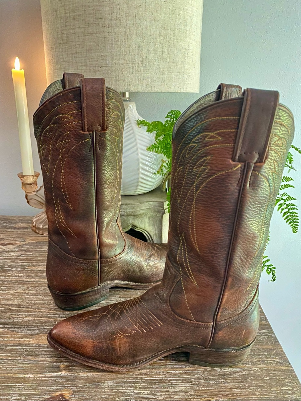Vtg FRYE Billy Pull-On Deco Stitch Leather Western Cowboy Boots Women 7.5B Brown - Picture 7 of 15